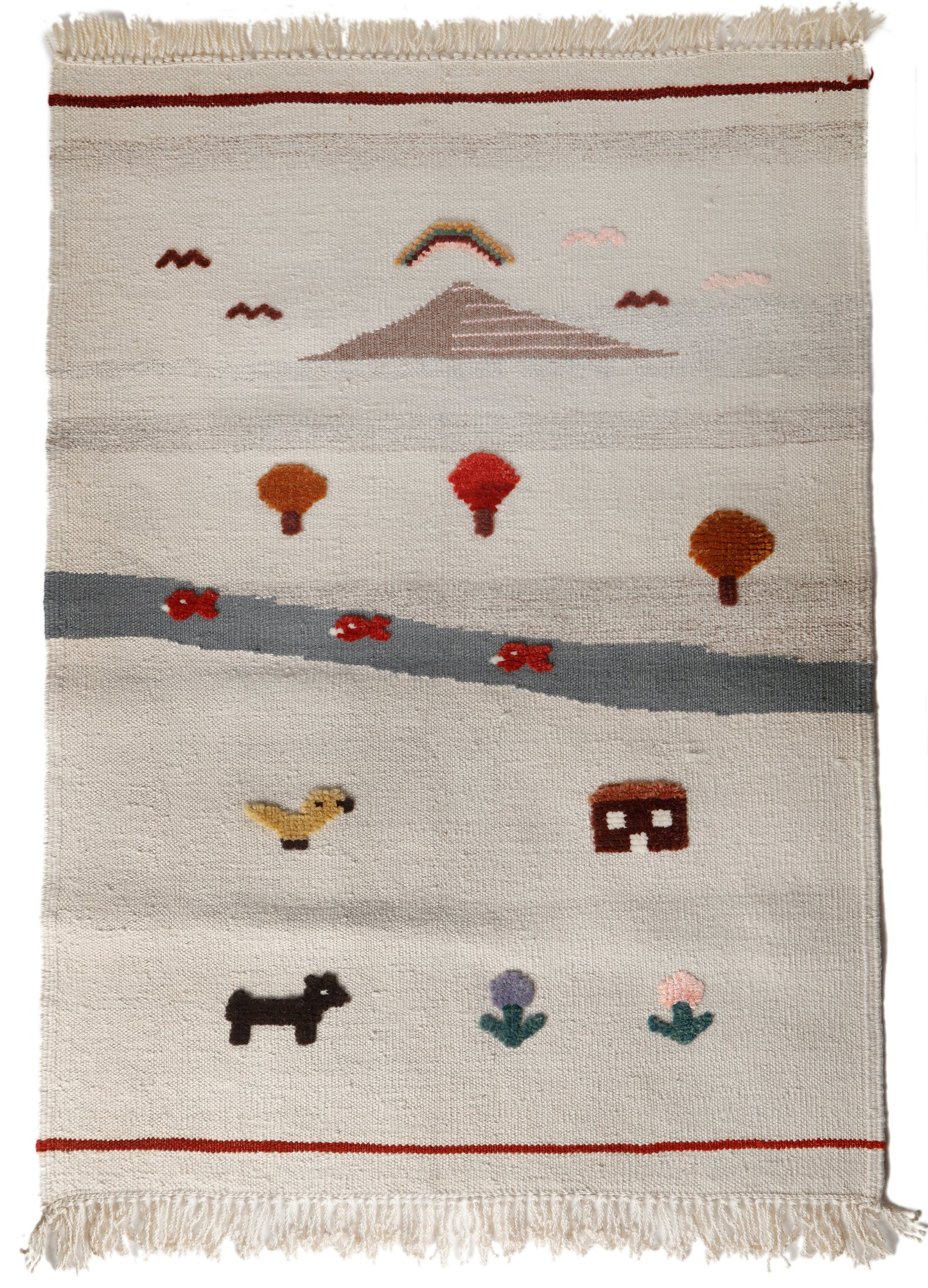 Handwoven Kids Rug: Three Red Fish Turkish Kilim Rug (2`9 x 3`7)