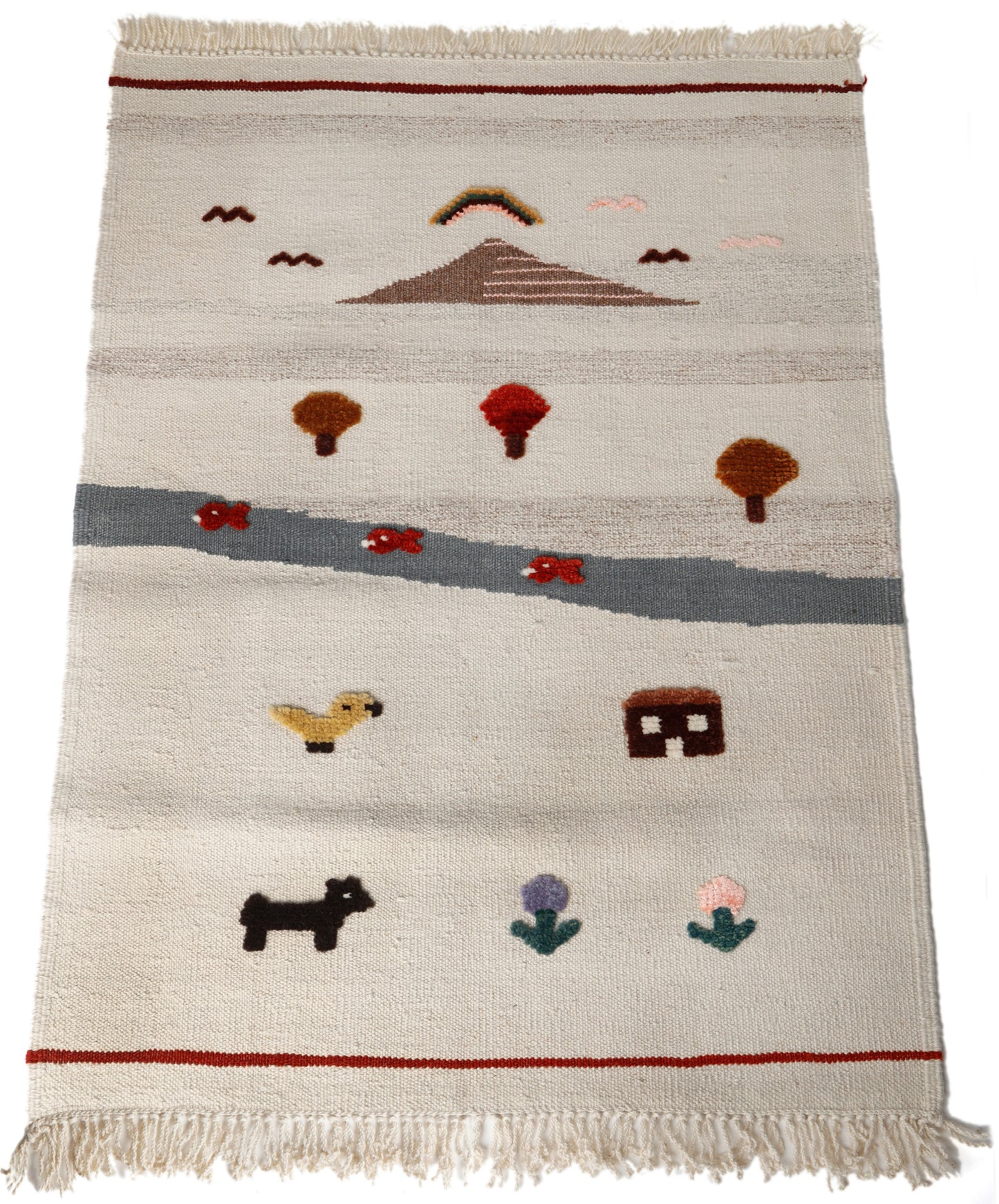 Handwoven Kids Rug: Three Red Fish Turkish Kilim Rug (2`9 x 3`7)