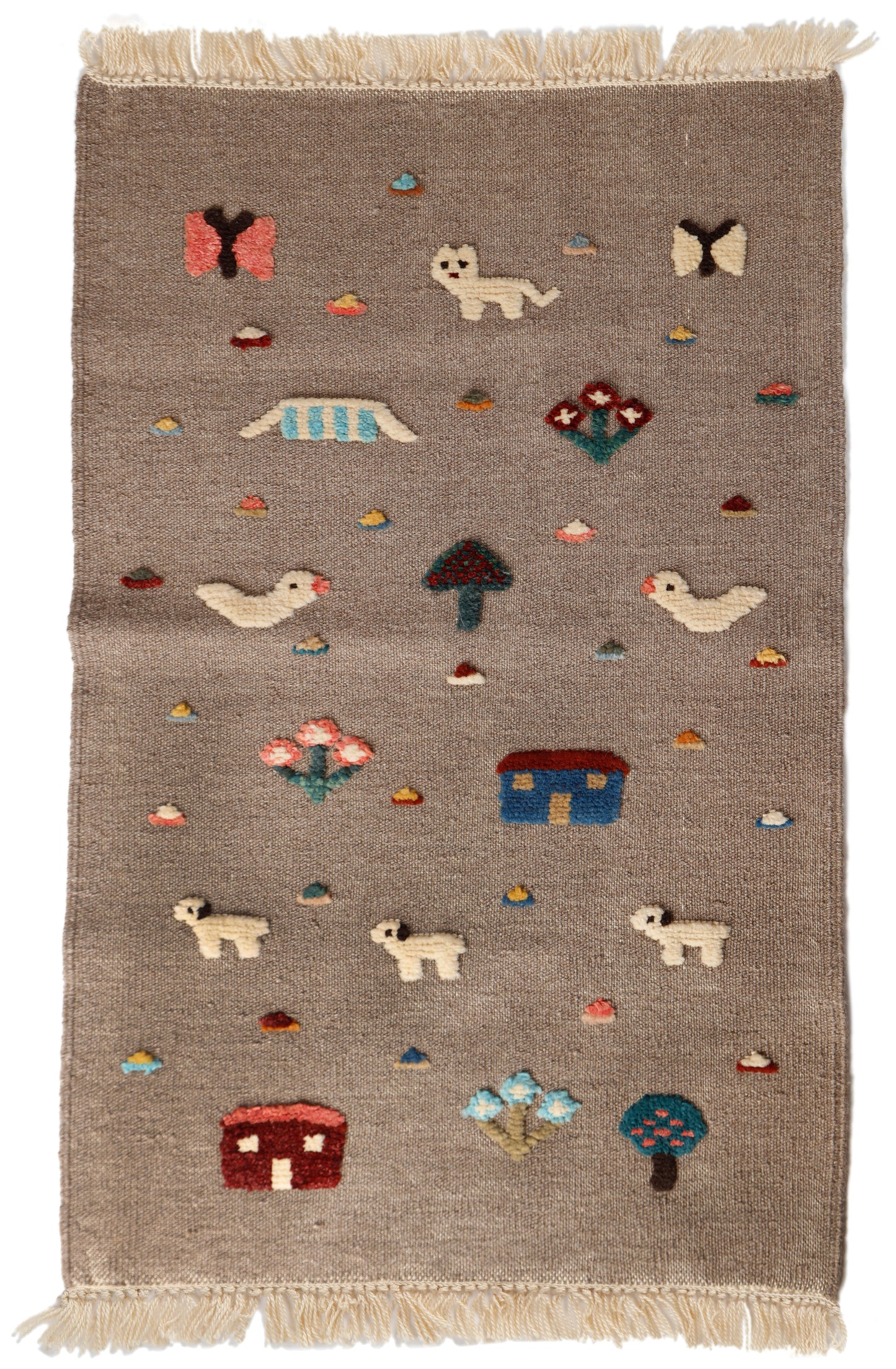 Handwoven Kids Rug: Quack, Meoww, Baa Turkish Kilim Rug (2`3`` x 3`9``)