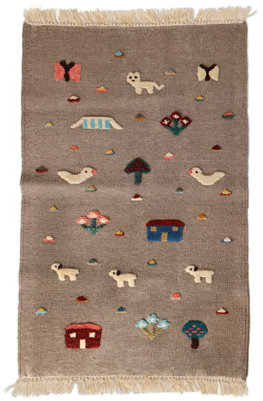 Handwoven Kids Rug: Quack, Meoww, Baa Turkish Kilim Rug (2`3`` x 3`9``)