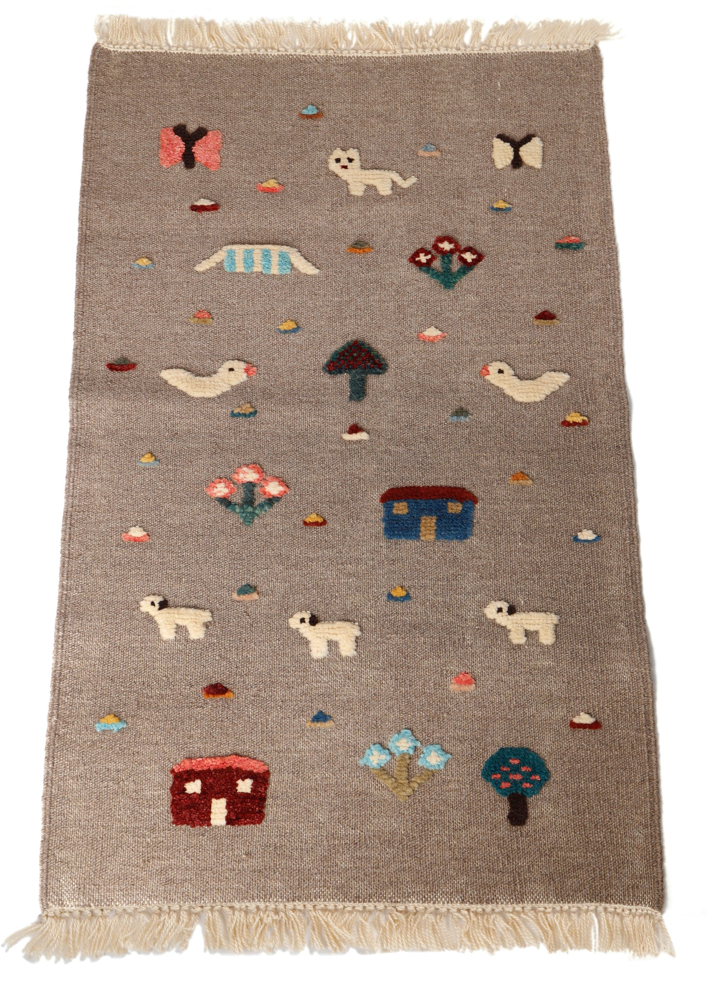 Handwoven Kids Rug: Quack, Meoww, Baa Turkish Kilim Rug (2`3`` x 3`9``)