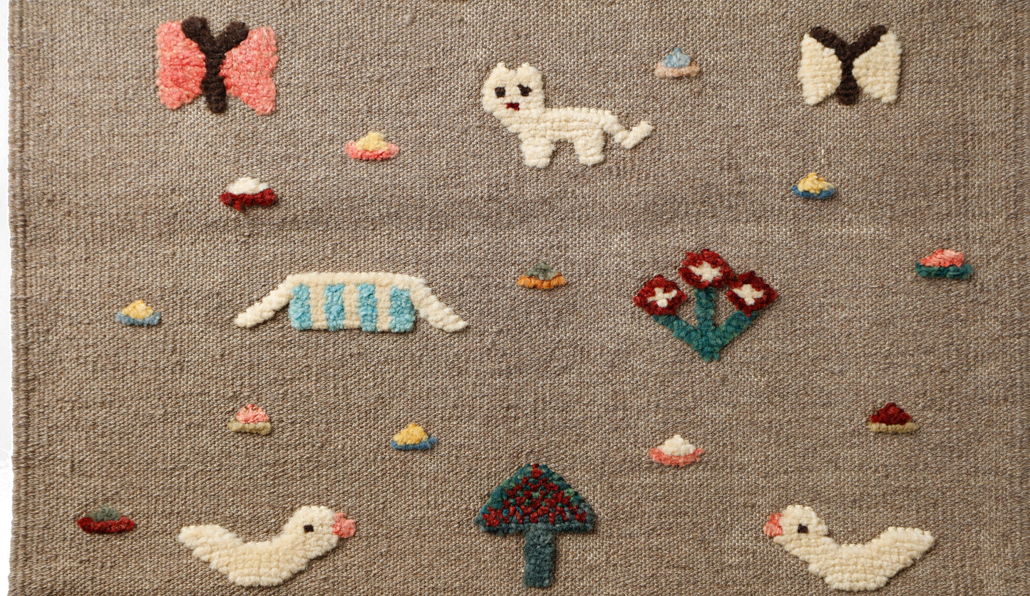 Handwoven Kids Rug: Quack, Meoww, Baa Turkish Kilim Rug (2`3`` x 3`9``)