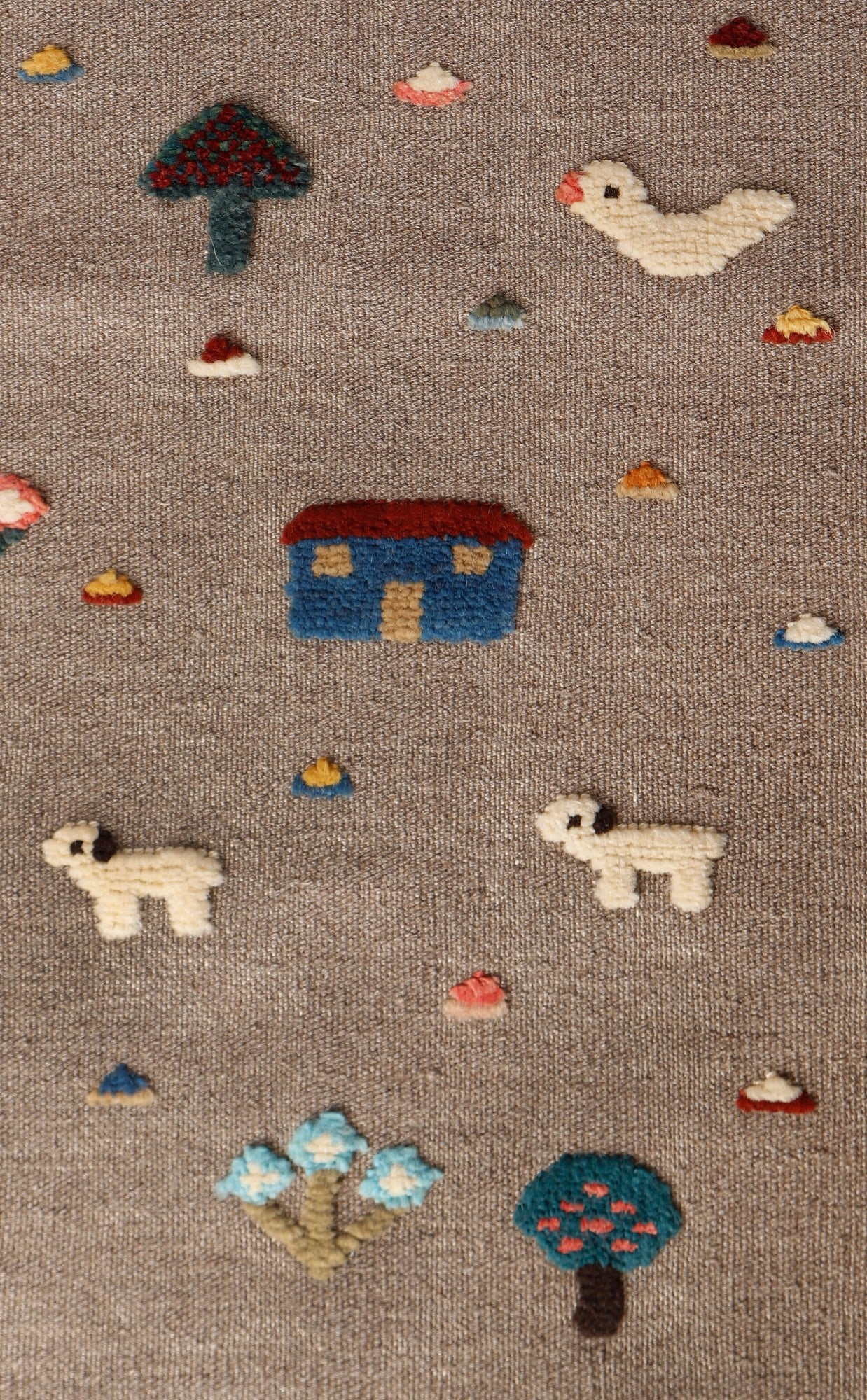 Handwoven Kids Rug: Quack, Meoww, Baa Turkish Kilim Rug (2`3`` x 3`9``)