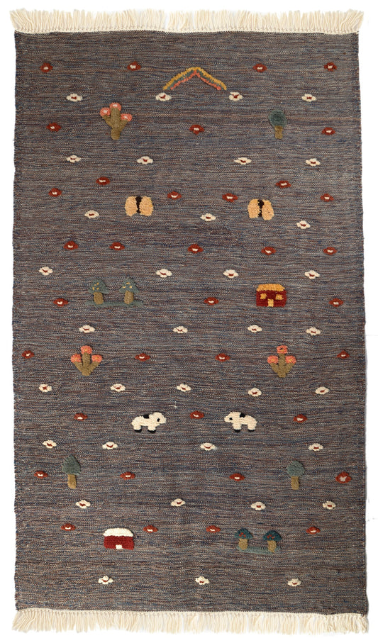 Handwoven Kids Rug: Night Flowers Turkish Kilim Rug (3`5`` x 5`8``)