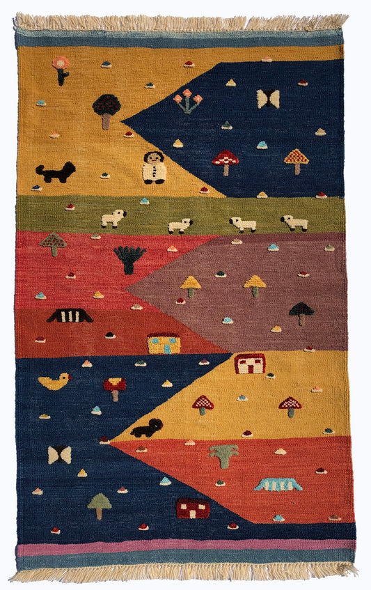 Handwoven Kids Rug: Dance with Colors Turkish Kilim Rug (3`5`` x 5`6``)